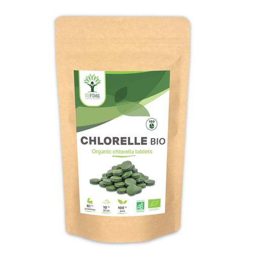 Chlorella Bio - Bioptimal - Complment Alimentaire - Protine Vitamine B12 - 100% Poudre Chlorelle Pure - Compress  Froid - 500mg / Comprim - Conditionn En France- Certifi Ecocert - 150 Comprims