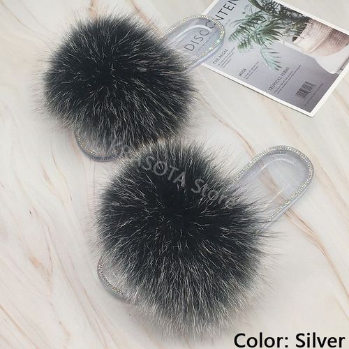 Claquettes En Fourrure Pour Femmes, Pantoufles Duveteuses Avec Fourrure, Sandales Transparentes, Tongs D't 2021 - 39