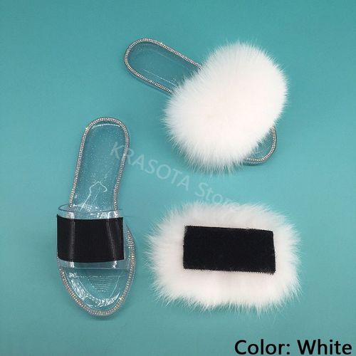 Claquettes En Fourrure Pour Femmes, Pantoufles Duveteuses Avec Fourrure, Sandales Transparentes, Tongs D't 2021 - 41