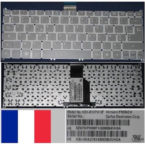 Clavier Azerty Franais / French Pour ACER Aspire S3 S3-951, Aspire S5, Aspire ONE 756, TravelMate B1, Gris / Grey, Model: NSK-R10PW, P/N: 9Z.N7WPW.00F, KBI100A218