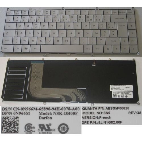 Clavier Azerty Franais / French Pour DELL Adamo 13-A101 Series, Gris Clair / Silver, Model: SS5, NSK-DH00F, P/N: AESS5F00020, 9J.N1G82.00F, 0N966M N966M - Backlit