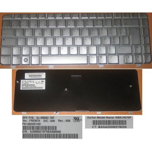 Clavier Azerty Franais / French Pour HP Pavilion DV4 DV4-1000 DV4-1100 DV4-1200 Series, Gris Clair / Silver, Model: NSK-H570F, P/N: 9J.N8682.70F, PK1303V01H0, BANAD00M2Y902N