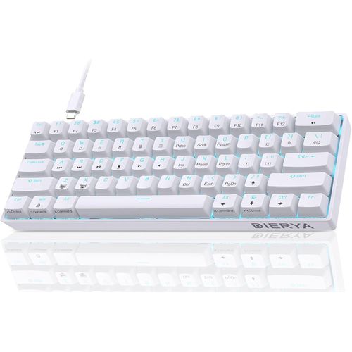 Clavier Gamer Mcanique 60% Cabl Avec Interrupteur Bleu,Dk61Se Clavier Gaming Rtroclairage Bleu Glacier,Type-C Mechanical Keyboard Compact 61 Touches Anti-Ghosting-Us Layout,Blanc