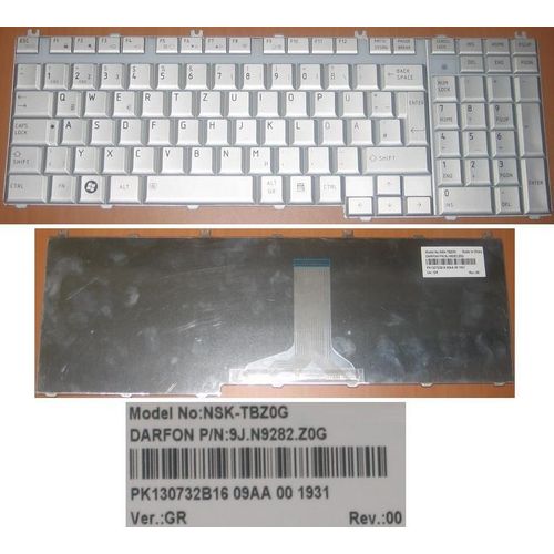 Clavier Qwertz Allemand / German Pour Toshiba Satellite L500 Series, Gris Clair / Silver, Model: NSK-TBZ0G, P/N: 9J.N9282.Z0G, PK130732B16