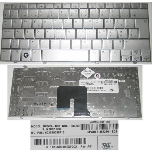 Clavier Qwertz Swiss Pour HP COMPAQ MINI Note 2133 2140 Series, Gris Clair / Silver, Model: NSK-HB000, P/N: 9J.N1B82.000, 468509-BG1, 482280-BG1 BALSD01M2XF0C2