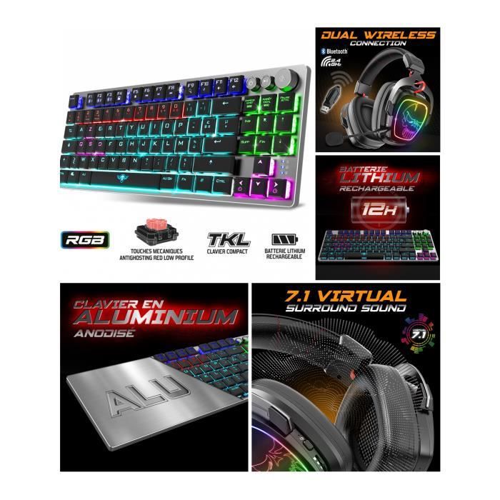 CLAVIER SANS FIL RGB 2.4 GHz Bluetooth et filaire + CASQUE 7.1 sans fil pc Mac Switch Bluetooth mode sans fil 2,4 GHz Connection PS4