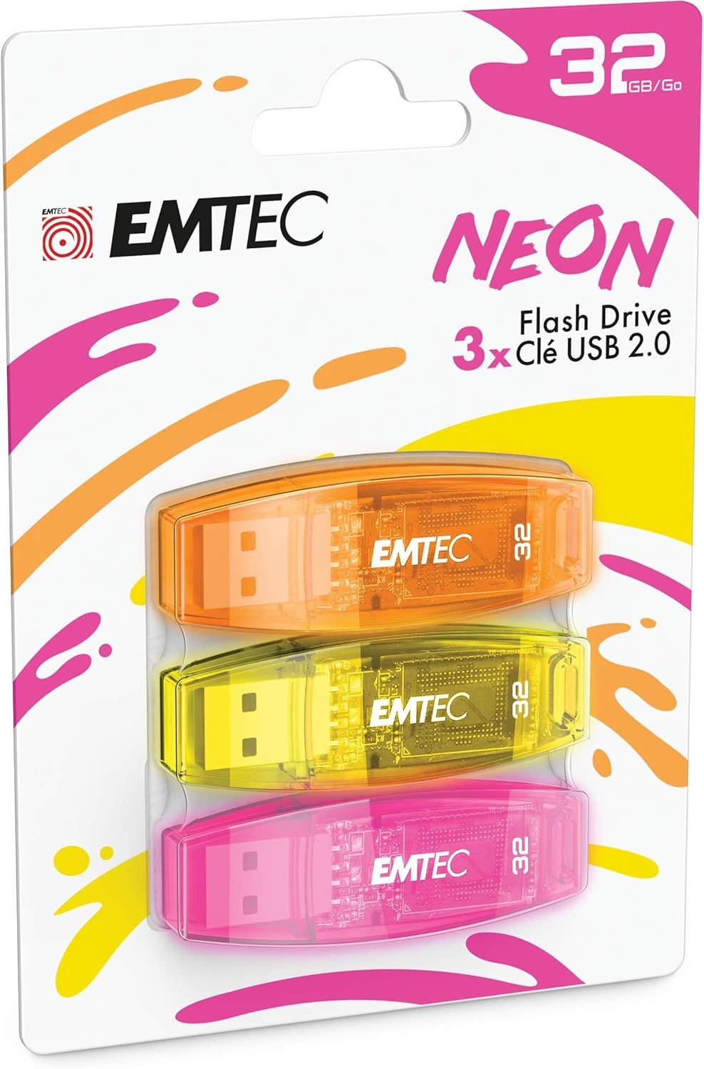 Cl USB 2.0 C410 , Mmoire Flash Drive De 32Gb, Lecture 5Mb/S, criture 15Mb/S, Compatible USB 2.0, USB 3.0, Transparentes Non Fluo Avec Capuchon , Pack De 3