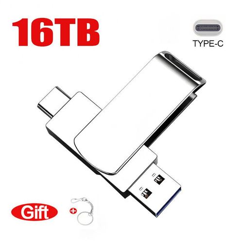 Cl USB 3.0 haute vitesse en mtal 16 To,cl USB 2 To,8 To,4 To,cl USB,mmoire SSD portable,disque flash USB,adaptateur TYPE-C - Type Silver 16TB
