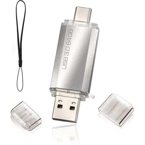 Cl USB 64Go 3.0 2 en 1 Rapide,OTG Cl USB C 64Go 2 en 1 Type C 3.0 en Mtal,Pen Drive 64GB Flash Drive 64GB pour PC/Smartphones/MacBook Pro(Argent)