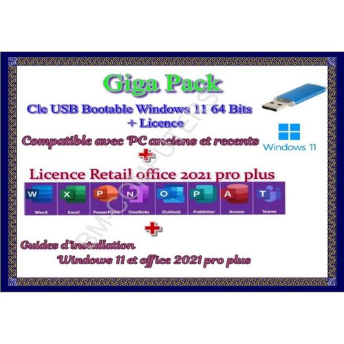 Cl USB Bootable Windows 11 pro +Licence Windows 11 pro + Licence office 2021 pro plus Retail +Guides dinstallation -activation en ligne