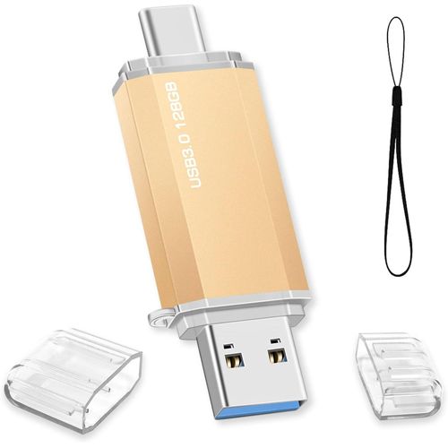 Cl USB C 128 GO,Cl USB 128Go 3.0 OTG Type C Flash Drive 2 en 1 Pen Drive Portable Clef USB Mmoire Stick pour Ordinateur Portable/PC/Voiture/Tablette/Smartphone/TV (Or)