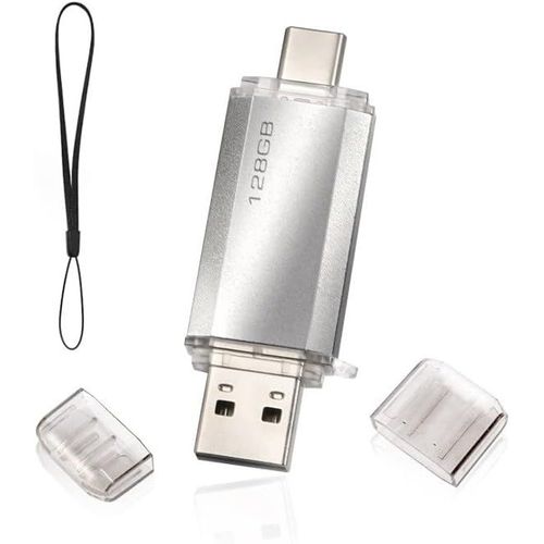 Cl USB C 128GB 2-en-1 Dual Connector OTG 128GB Type C Metal Flash pour Smartphone/TV/PC MacBook Pro(Argent)