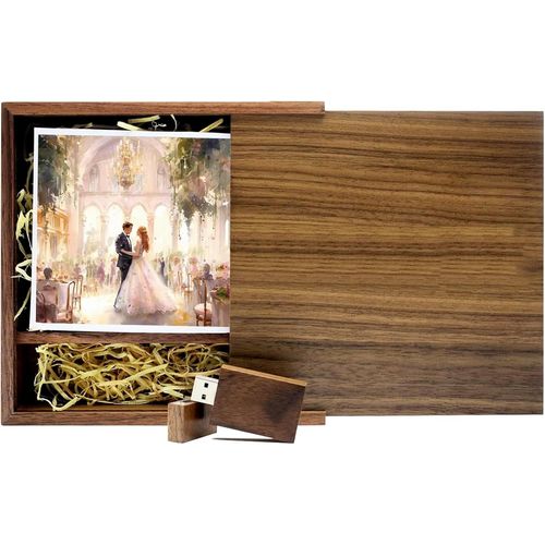 Cl USB en bois 64 Go USB 3.0 avec bote en noyer pour ranger des photos,plateau de donnes en bois,lecteur flash USB 64 Go pour anniversaire,mariage ou autres ftes