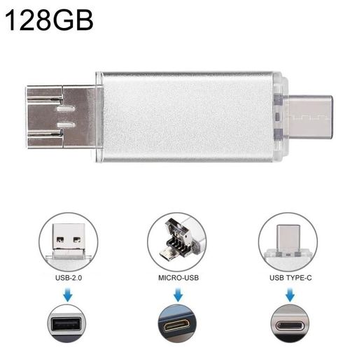 Cl USB USB-C 128 Go-3 en 1 OTG et USB 2.0 pour smartphones et PC-Argent