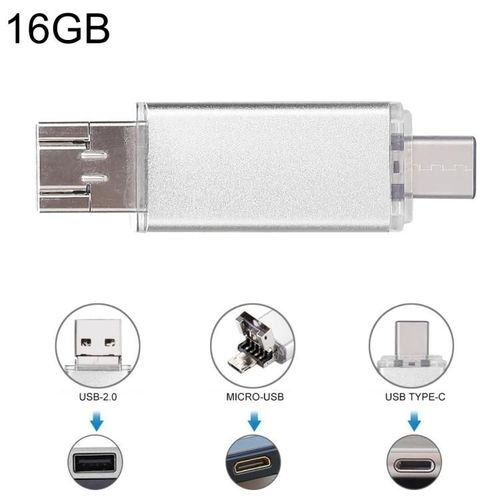 Cl USB USB-C 16 Go-3 en 1 OTG et USB 2.0 pour smartphones et PC-Argent