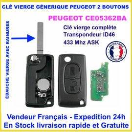 Cl&eacute; Vierge Cle 3 Boutons Coffre 433 Mhz Lame VA2 Sans Rainure PEUGEOT