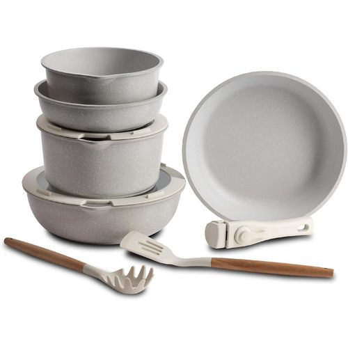 Click&cook - Set 10 Pices Easy Click Beige Cookware - Comprend Poles, Casseroles, Couvercles Et Ustensiles - Fonte D'aluminium - Revtement Marbr Antiadhsif - Poigne Amovible[X483]