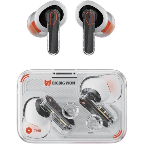 CLICKSELL-Bigbig Won True couteurs Intra-Auriculaires Sans Fil Bluetooth 5.3, Design Lger Et Transparent, Suppression Active Du Bruit, Rsistant  L'Eau, 25 H D'coute, Gaming / Musique, Double Mod