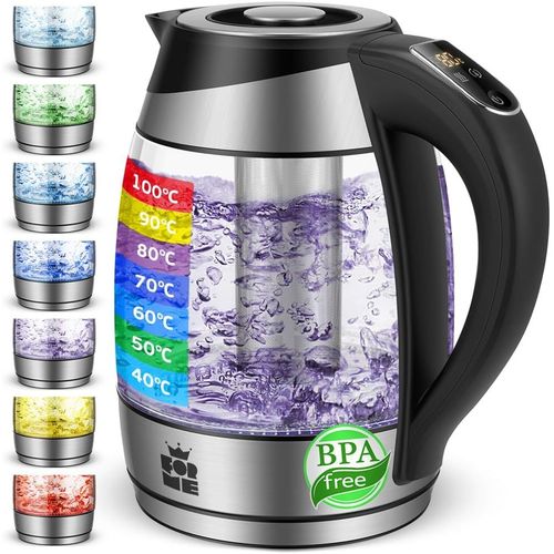 CLICKSELL-Forme Bouilloire lectrique En Verre 1,8 Thermostat Rglable Slection De La Temprature 40-100C I Filtre  Th Amovible I Sept Couleurs D'clairage Led Contrle De Temprature Thire I S