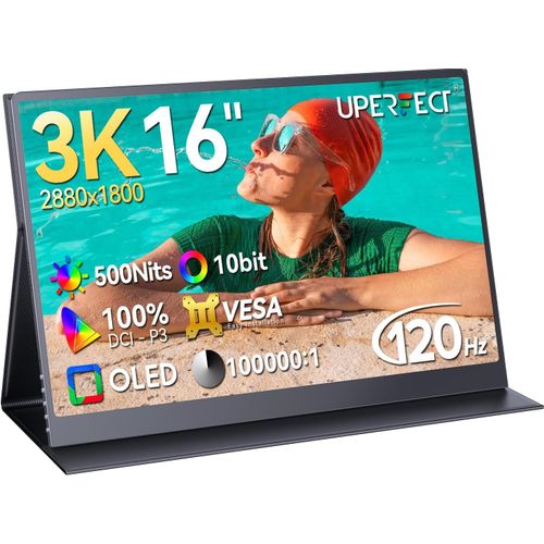 CLICKSELL-Oled Moniteur Portable 3K | 120Hz 16 Pouces Portable Gaming Monitor, 500 Nits |100% Dci-P3 | 10-Bit | 100000:1 Contrast | 1Ms cran Pour Aptop Pc Phone Game Consoles, Compatible Vesa