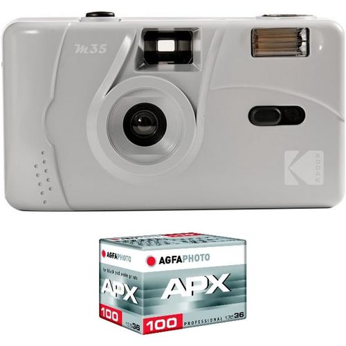 CLICKSELL-Pack M35 Argentique + Pellicule 100 Asa - Appareil Photo Rechargeable 35Mm Marbre Grey, Objectif Grand Angle Fixe, Viseur Optique , Flash Intgr + Pellicule Apx 100, 36 Poses
