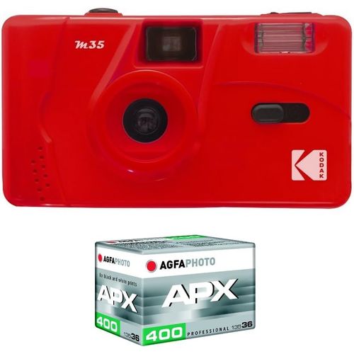 CLICKSELL-Pack M35 Argentique + Pellicule 100 Asa - Appareil Photo Rechargeable 35Mm Scarlet, Objectif Grand Angle Fixe, Viseur Optique , Flash Intgr + Pellicule Apx 100, 36 Poses