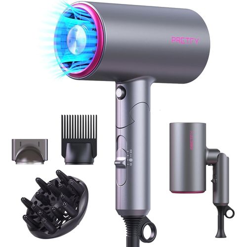 Clicksell-Seche Cheveux Professionnel Ionique,2000w Sche Cheveux De Voyage Pliable,Sche-Cheveux Avec 3 Rglages De Chaleur/2 Vitesses/Refroidissement,Avec Diffuseur, Brosse, Embout (Argent Rose)