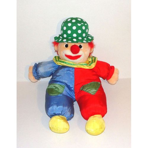 Clown multicolore peluche doudou en toile clown chapeau vert a pois blanc 54 cm style puffalump