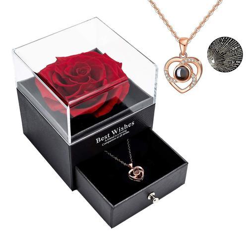 Coffret Cadeau Rose Rouge ternel Avec Collier, Vritable Rose ternelle, Collier En Argent 925, Fleur De Rose, Bijoux, Cadeau