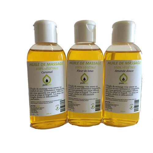 Coffret Modelage Sensuel Purespa - Mix De 3 Flacons D'Huiles De Massage Assorties Parfumes Fleur De Lotus, Caramel Et Amande Douce, Purespa By Purenail , Huile Vgtale - 3 X 100 Ml