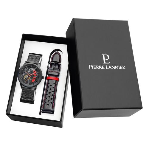 Coffret Montre Pierre Lannier Paddock Cadran Noir Bracelet Acier Milanais Noir