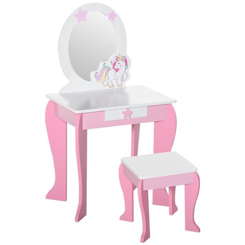 Coiffeuse Enfant Design Licorne - Tabouret Inclus - Dim. 49l X 34l X 90h Cm - Tiroir, Miroir - Mdf - Rose Blanc