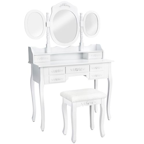 Tectake Coiffeuse Table De Maquillage Commode Avec Miroir 3 Faces Rabattables Et 7 Tiroirs + 1 Tabouret Blanc
