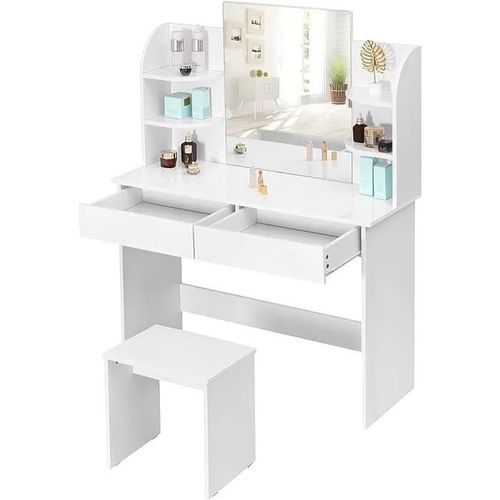 Coiffeuse Table Maquillage En Mdf.Avec Miroir Et 2 Tiroirs+Coiffeuse Tabouret.108x40x142cm.Blanc