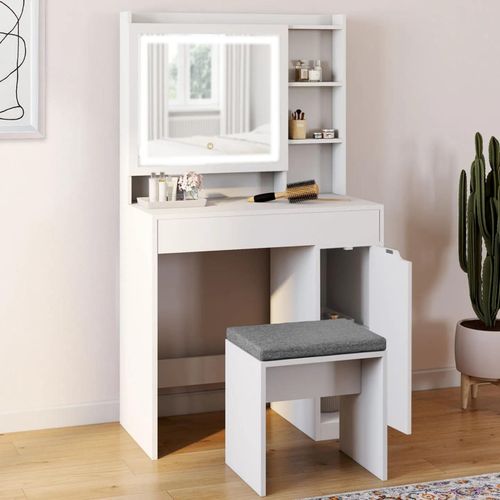 Coiffeuse Zelia Blanche Miroir Led Avec Rangement, 1 Tiroir, 1 Caisson De Rangement Et Tabouret Rembourr
