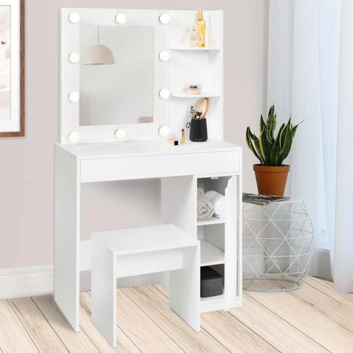 Coiffeuse Zelia Miroir Led Avec 1 Tiroir, tagres, Caisson De Rangement Et Tabouret