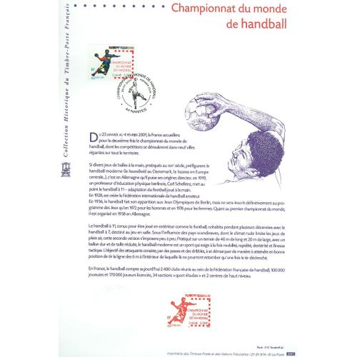 Collection Historique Du Timbre Poste Franais (Documents Officiels) 21 X 29.7 Cm Avec Oblitration 1er Jour : Championnat Du Monde Handball 2001 - Sport Nantes