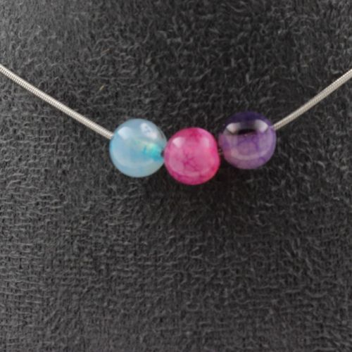 Collier 3 Perles Agate Craquel Fuchsia Multicolore 8 Mm Chaine En Acier Inoxydable.