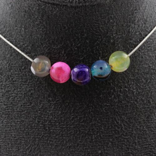 Collier 5 Perles Agate Craquel Fuchsia Multicolore 8 Mm Chaine En Acier Inoxydable.