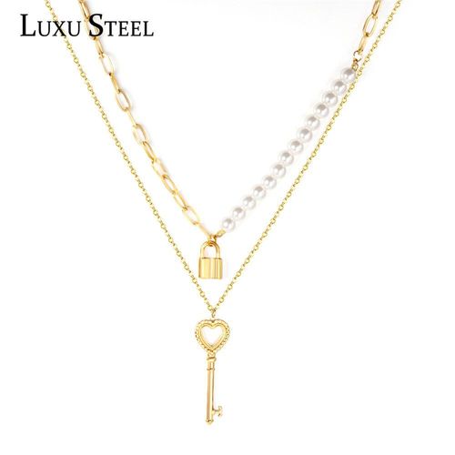 Collier  Double Pendentif En Acier Inoxydable, Imitation De Perles, Ras Du Cou, Avec Serrure  Cl En Forme De CUr, Vente En Gros, Fte