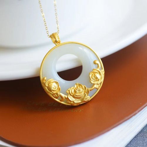 Collier  Pendentif En Forme De Fleur De Jade, Naturel, Htian, Blanc, Rose, Creux, Breloque Artisanale En Or Ancien Unique Chinois, Bijoux En Argent Pour Femmes