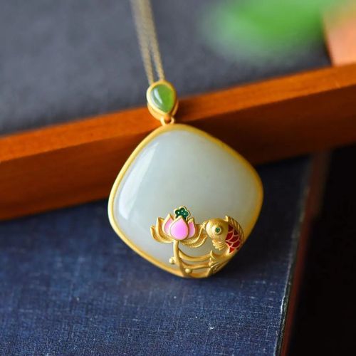 Collier  Pendentif Hetian Naturel En Jade Blanc, Style Chinois Rtro Gomtrique Lotus, Bijoux Cratifs lgants Pour Femmes
