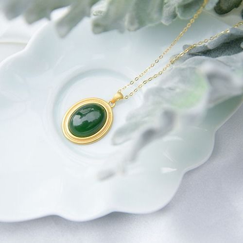 Collier  Pendentif Ovale En Jade Vert Naturel Hetian, Style Chinois Rtro, Breloque Artisanale Unique En Or, Bijoux En Argent Pour Femmes