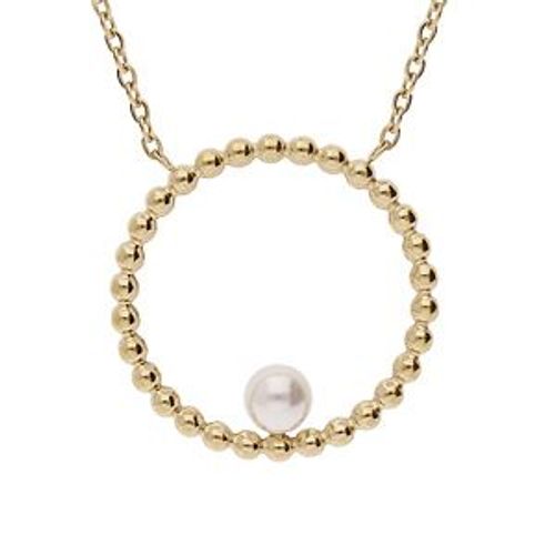 Collier Acier Et Pvd Jaune Pendentif Rond Avec Perle Imitation Blanche 45+5cm