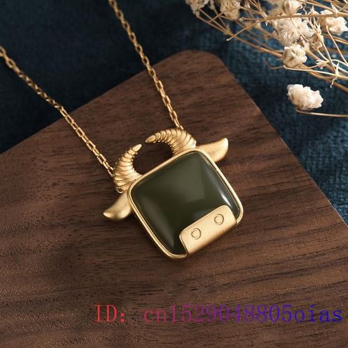 Collier Amulette En Jade Vert Pour Femmes, Pendentif En Forme De Btail, Bijoux Naturels Chinois, Pierre Prcieuse, Argent 925, Zircon, Cristal De Calcdoine, Cadeaux Pour Femmes