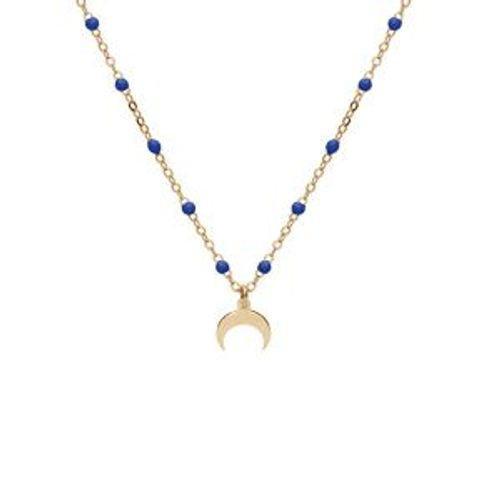 Collier Argent Et Dorure Jaune Boules Rsine Bleu Fonc Avec Demi Lune 40+5cm