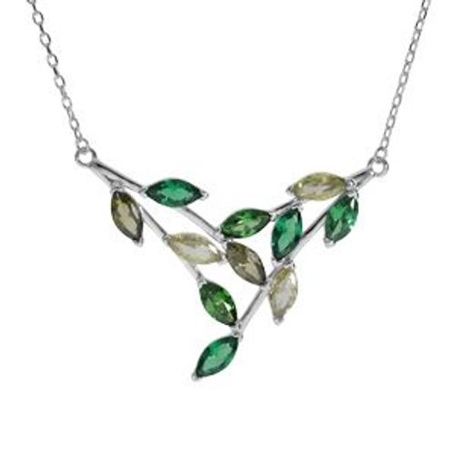 Collier Argent Rhodi Forme Pointe Empirrs Vert Clair Et Vert Fonc 40+5cm