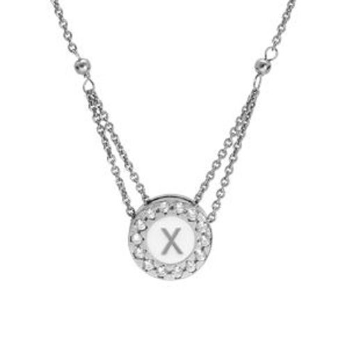 Collier Argent Rhodi Pendentif Initiale X Recto Verso 1 Face Rsine Blanche Et L'autre Noire Contour Oxydes Blancs Sertis 40+5cm