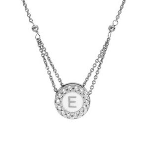 Collier Argent Rhodi Pendentif Rond Initiale E Recto Verso 1 Face Rsine Blanche Et L'autre Noire Oxydes Blancs Sertis 40+5cm