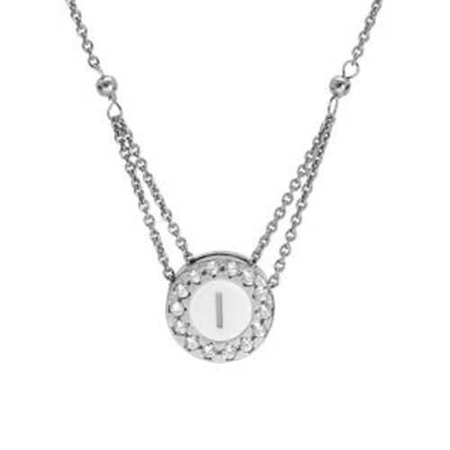 Collier Argent Rhodi Pendentif Rond Initiale I Recto Verso 1 Face Rsine Blanche Et L'autre Noire Contour Oxydes Blancs Sertis 40+5cm